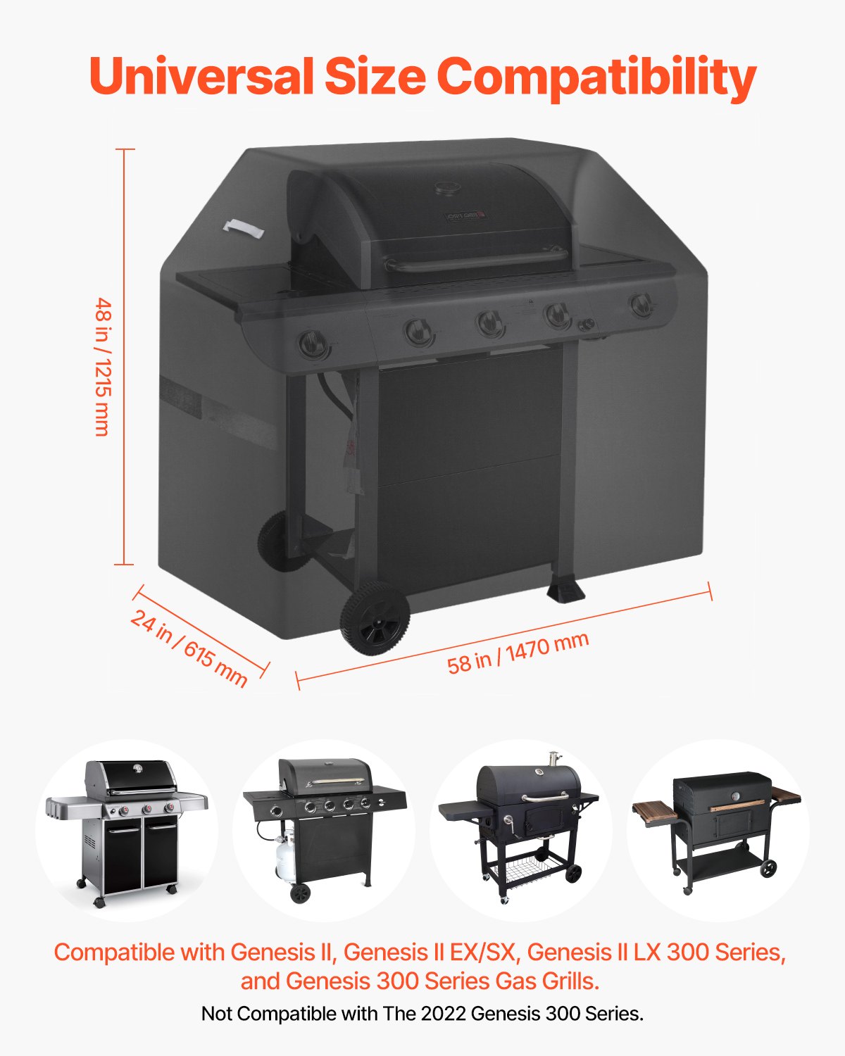 Grillöverdrag, 58 tums grillöverdrag för utomhusgrillar, vattentätt, blekningsbeständigt, väderbeständigt, kraftigt 600D polyester, enkelt på och av, med kardborreband, svart