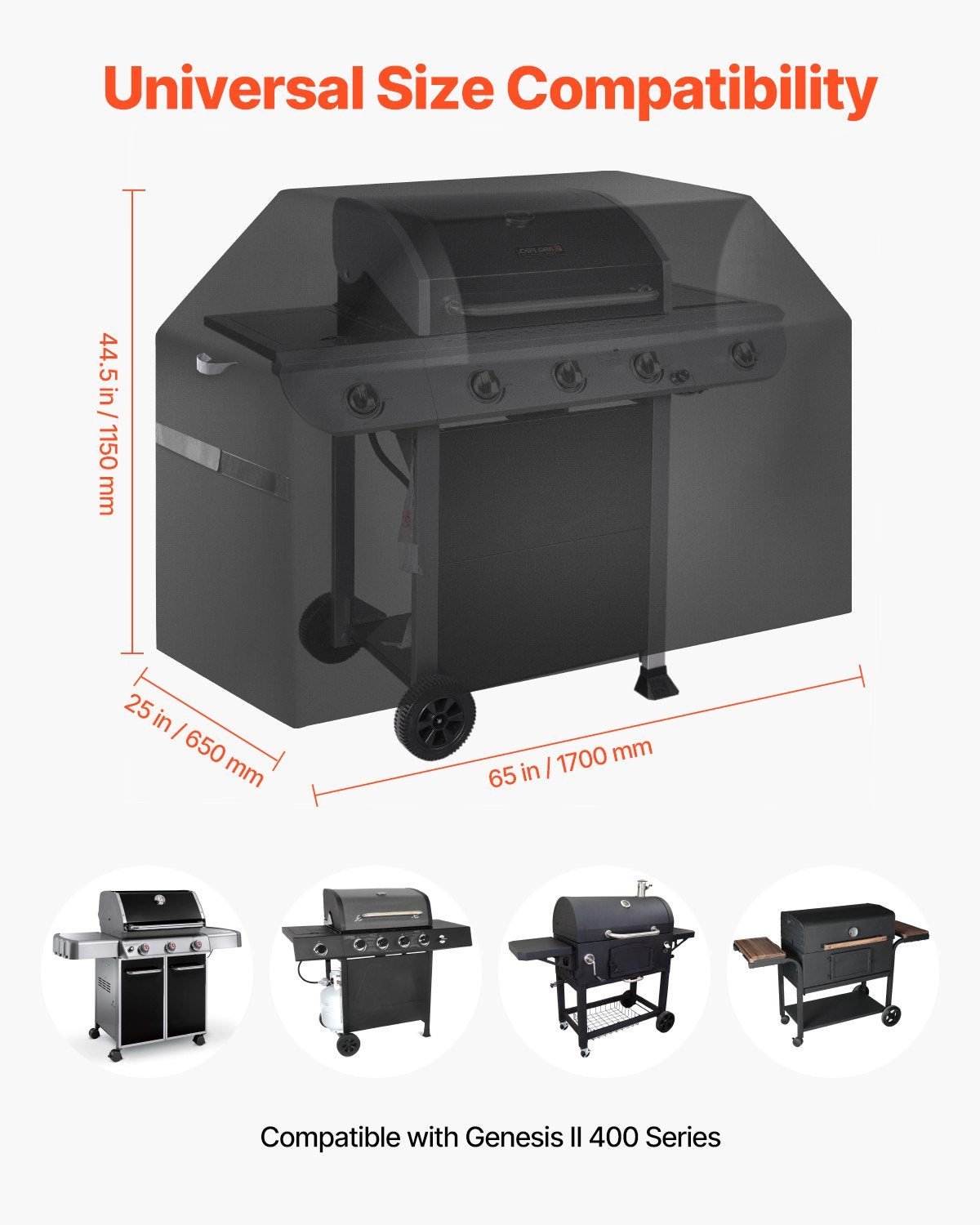Grillöverdrag, 65 tums grillöverdrag för utomhusgrillar, vattentätt, blekningsbeständigt, väderbeständigt, kraftigt 600D polyester, enkelt på och av, med kardborreband, svart