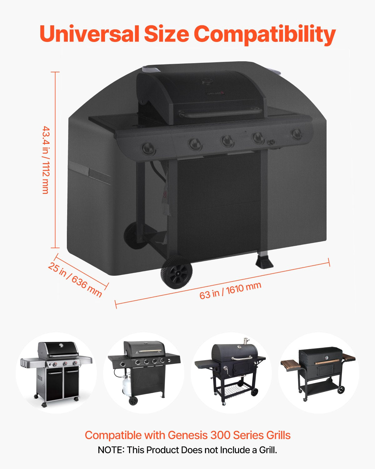 Grillöverdrag, 63 tums grillöverdrag för utomhusgrillar, vattentätt, blekningsbeständigt, väderbeständigt, kraftigt 600D polyester, enkelt på och av, med kardborreband, svart