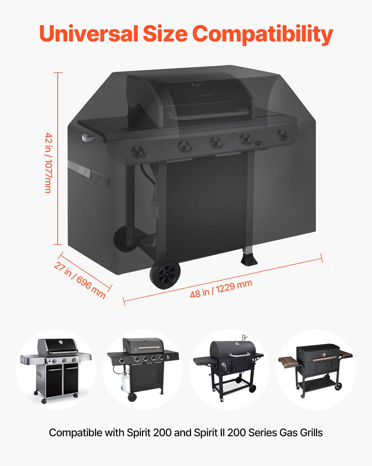 Grill Cover, 48 inch BBQ Covers for Outdoor Grills, Waterproof, Fade Resistant, Weather Resistant Heavy Duty 600D Polyester, Easy On/Off, with Hook-and-Loop Straps, Black