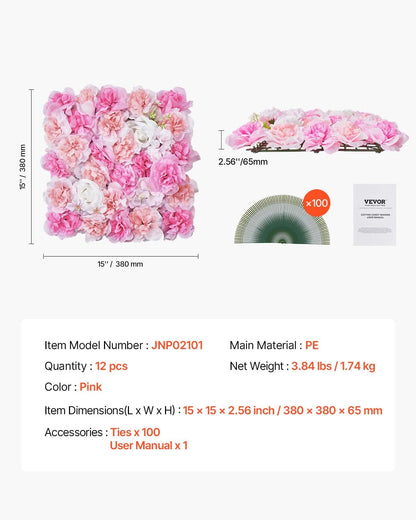 3D-blomväggpanel, 12 st 15 x 15 tum, konstgjord blomväggbakgrundsnätmatta, sömlös design och enkel installation för bröllop, alla hjärtans dag, hem, babyfest, bakgrundsdekor, rosa