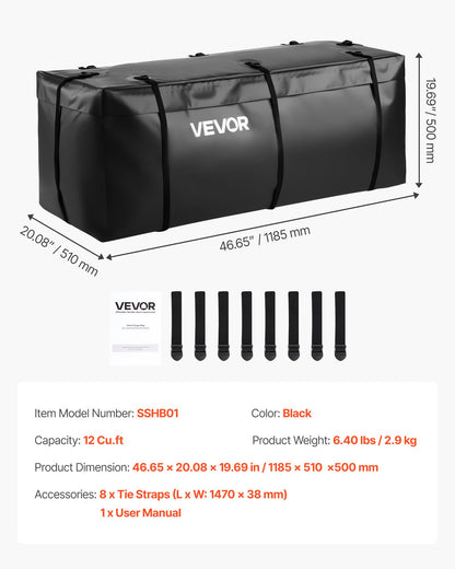 Bärväska för dragkrok, vattentät 840D PVC, 46,65 x 20,08 x 19,69 tum (12 kubikfot), kraftig lastväska för förvaring av lastbilsflak med förstärkta remmar, lämplig för bil, SUV, skåpbil, dragkrokskorg