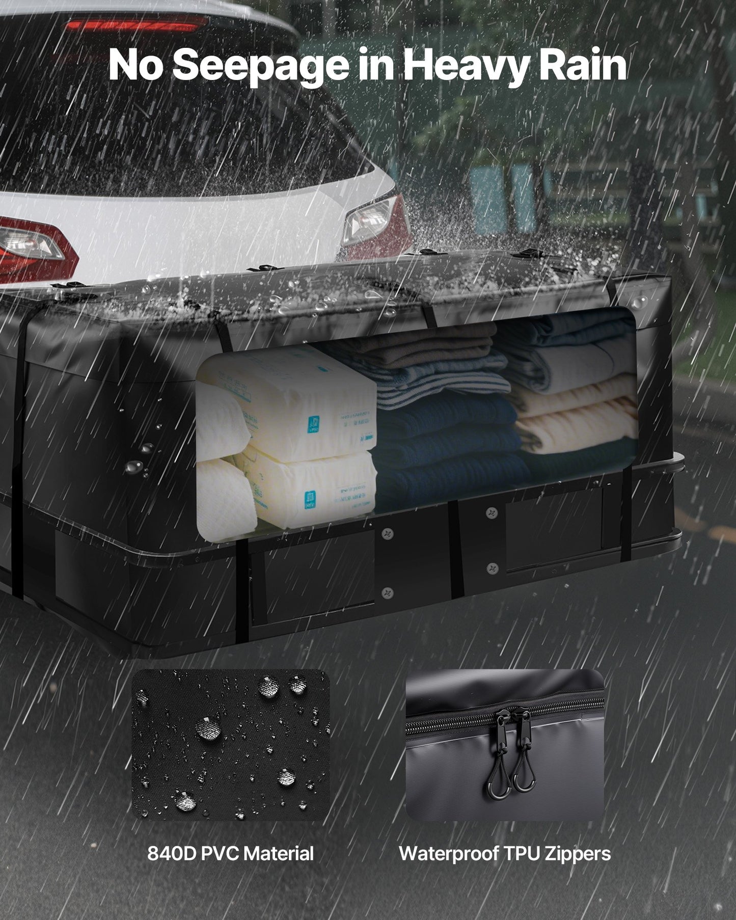 Bärväska för dragkrok, vattentät 840D PVC, 59,84 x 24,02 x 24,41 tum (20 kubikfot), kraftig lastväska för förvaring av lastbilsflak med 6 förstärkta remmar, lämplig för personbilar, skåpbilar, dragkrokskorg