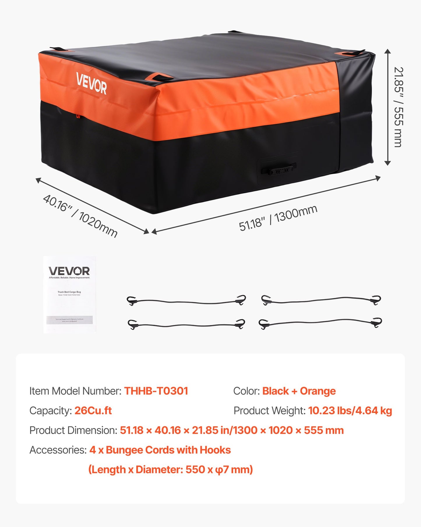 Lastväska för lastbilsflak, vattentät 840D PVC, 51,18 x 40,16 x 21,85 tum (26 kubikfot), kraftig lastväska för lastbilsflak med 4 gummisnören med krokar, passar en mängd olika SUV:ar och pickupbilar