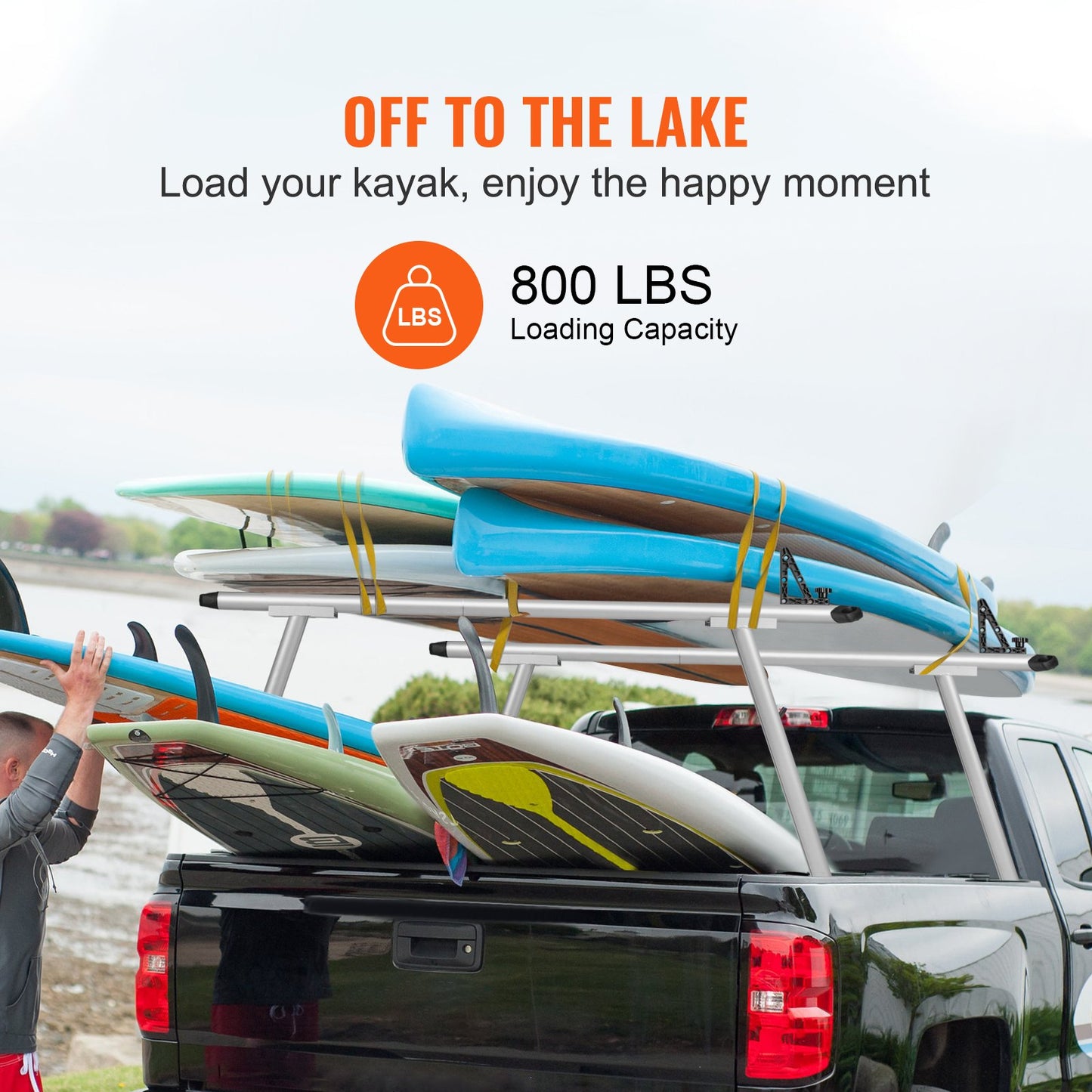 Lastbilsställ, kapacitet 360 kg, 193 cm x 80 cm aluminium stegställ för lastbil med 8 borrfria C-klämmor, kraftigt lastbilsflakställ med två stänger för kajak, surfbräda, virke, stege