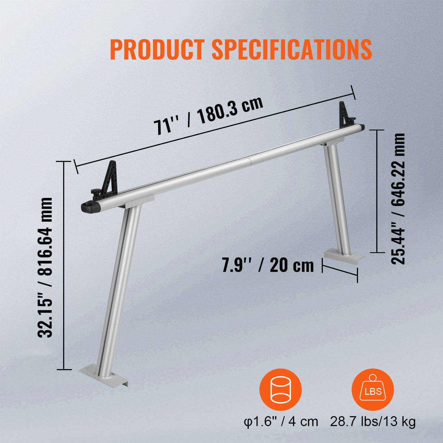 Lastbilsställ, kapacitet 360 kg, 193 cm x 80 cm aluminium stegställ för lastbil med 8 borrfria C-klämmor, kraftigt lastbilsflakställ med två stänger för kajak, surfbräda, virke, stege