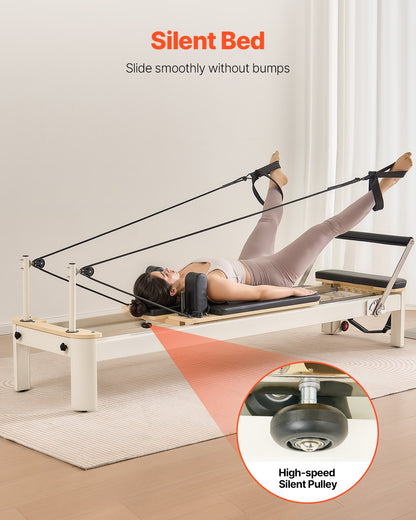 Pilates Reformer-maskin, pilatesbädd med sittlåda, för hemmagym, avancerade användare och nybörjare, Reformer-utrustning med dubbelt motstånd - fjäder och snöre, upp till 180 kg
