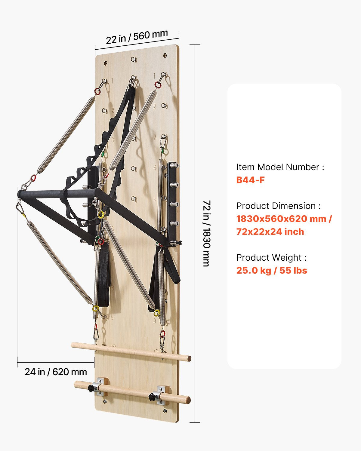 Väggmonterad Pilates Reformer-maskin, Pilates-springbräda i lönnträ, träningsutrustning med motståndsfjädrar, yogatränare, lämplig för flexibilitet och balans, hemmagym i studio