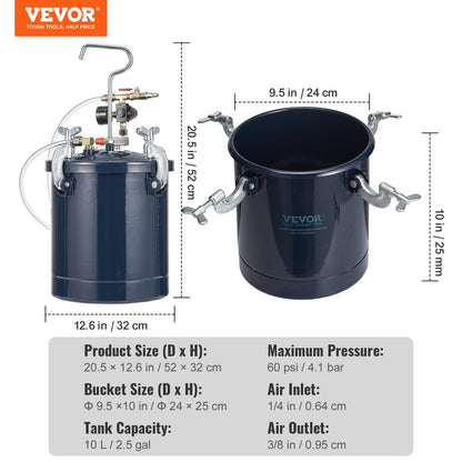 Tryckbehållare för sprayfärg, 10 l/2,5 gal lufttryckbehållare för färg, 1,5 mm + 4 mm två munstycken två sprayfärgspistoler för industri heminredning arkitektur konstruktion fordonsmålning, max 60 psi