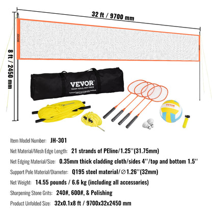 Volleyboll- och badmintonset, bärbart badmintonnät för utomhusbruk, justerbara stålstänger, professionellt kombinationsset med PVC-volleyboll, pump, bärväska, enkel installation för gräsmattan på stranden