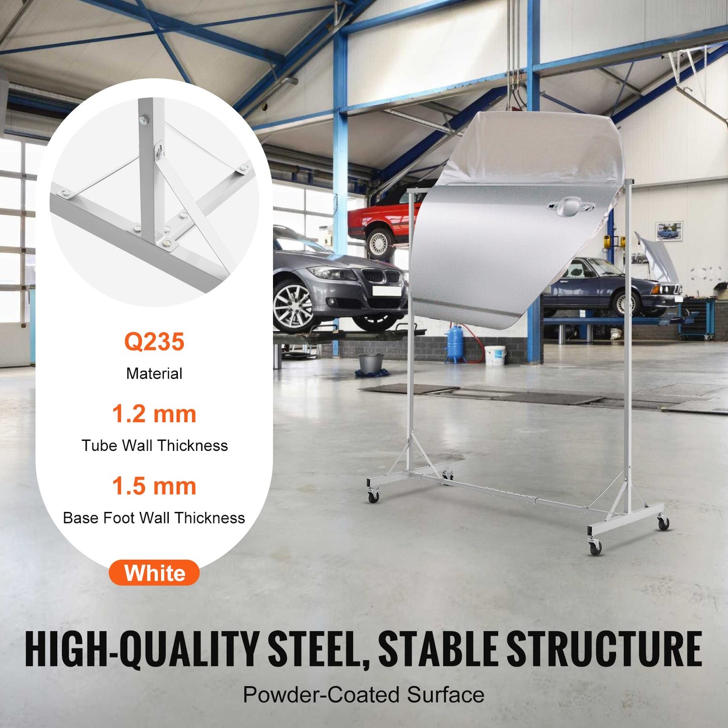 Målningsställ, 1,5-2,1 m justerbar höjd, 30 kg kapacitet för billackering, 8 krokar för målningstork med 4 svängbara hjul, karossställ för bilverkstäder och garage