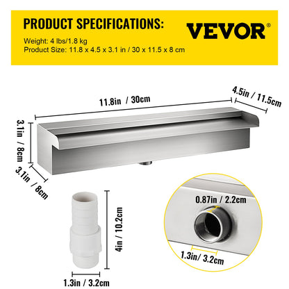 30 cm x 11,4 cm x 7,9 cm Dekorativ vattenfallsfontän i rostfritt stål för trädgårdsdamm inomhus och utomhus
