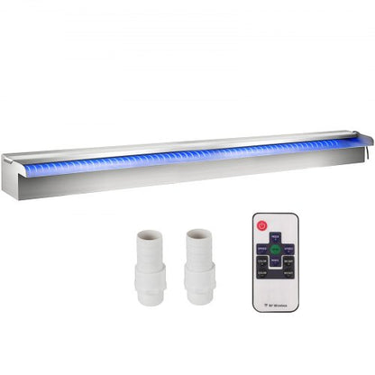 Utlopp för vattenfall i pool 151x11,5x8 cm rostfritt stål, vattenfallsfontän för pool med färgglad LED-remsa, slangkoppling, fjärrkontroll, korrosionsbeständig för damm, utomhusträdgård