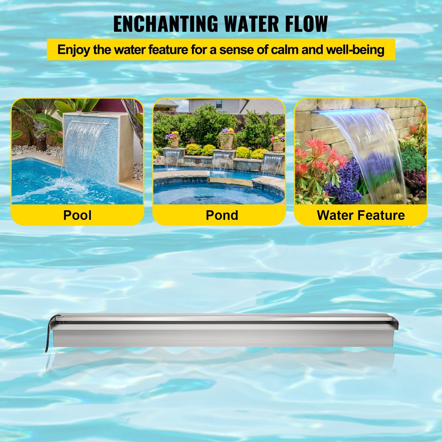 Utlopp för vattenfall i pool 151x11,5x8 cm rostfritt stål, vattenfallsfontän för pool med färgglad LED-remsa, slangkoppling, fjärrkontroll, korrosionsbeständig för damm, utomhusträdgård