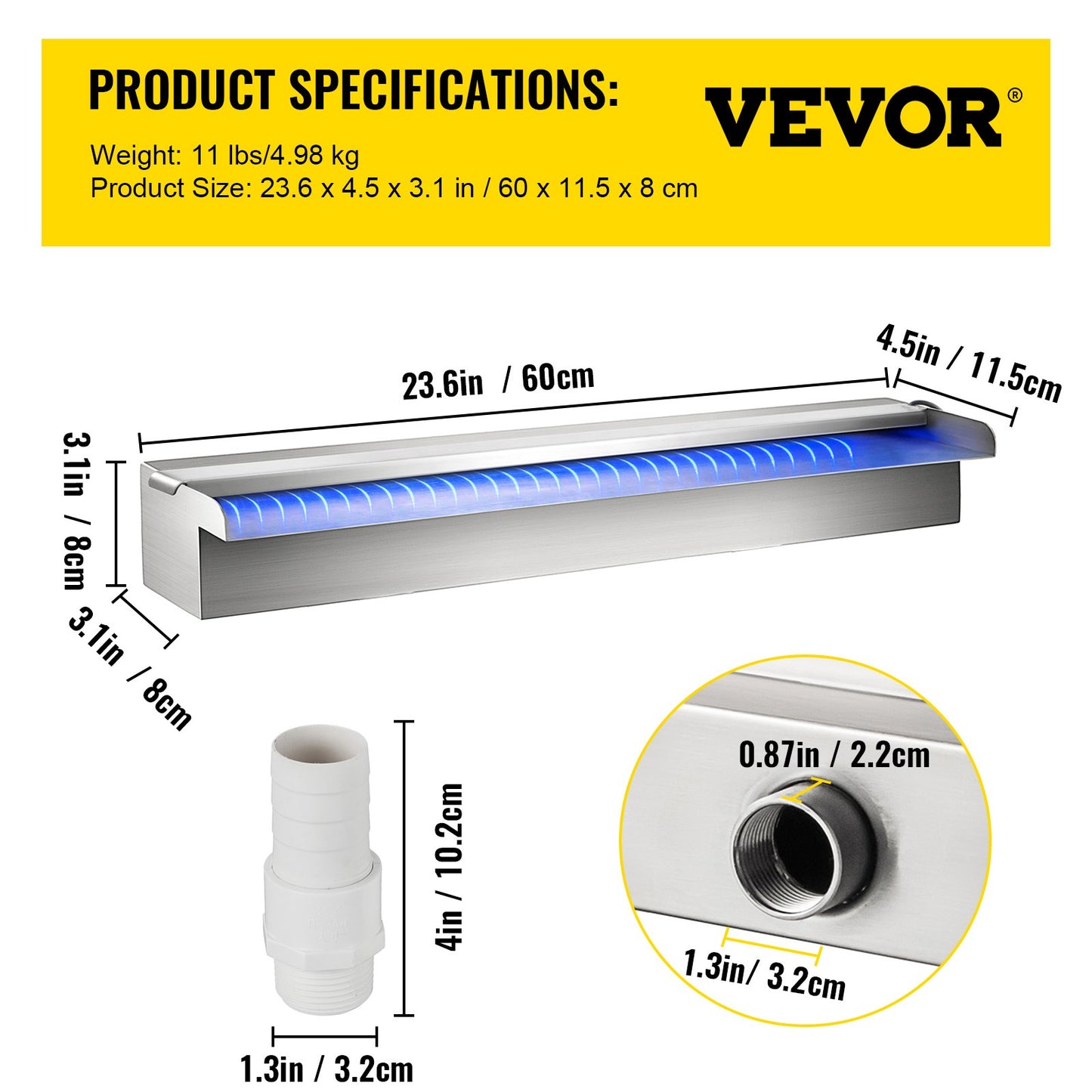 Rektangulär fontän för vattenfall och pool med LED-remsa 60 x 11,5 x 8 cm/23,6" x 4,5" x 3,1"