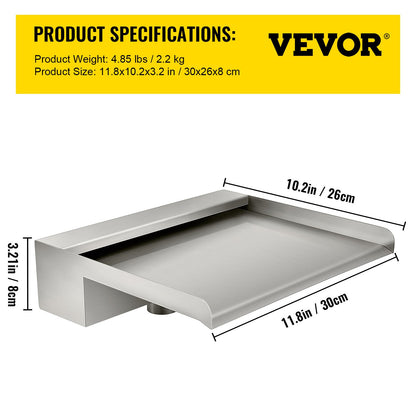 Vattenfallsblad, 30 cm vattenfallsbräddavlopp i rostfritt stål, rektangulär vattenfallsfontän för pool, kaskadblad med koppling, slang, klämma och PTFE-tejp, vattenblad för koi-damm, vattenfunktion
