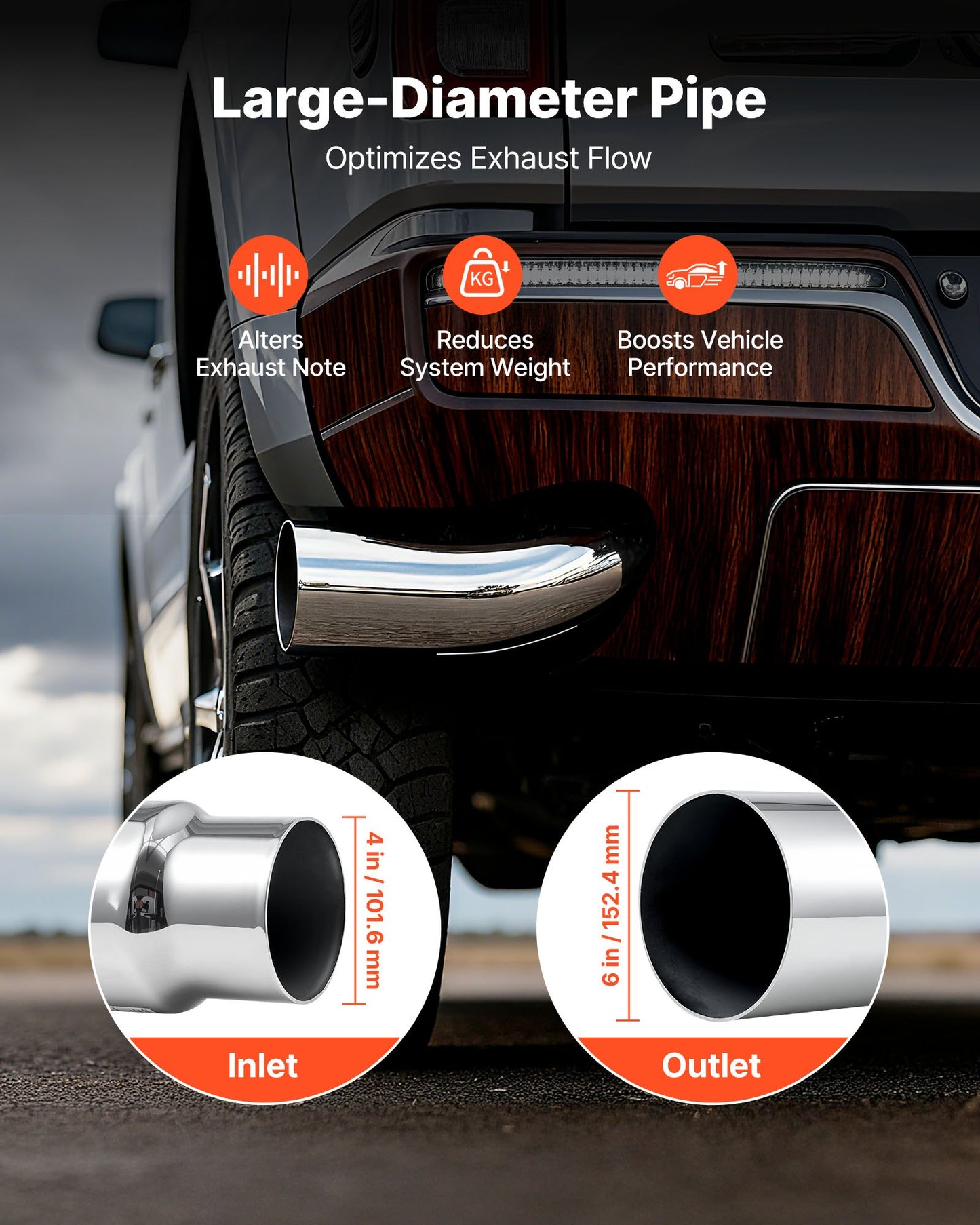 Elbow Exhaust Tip, 101.6mm Inlet, 152.4mm Outlet, 584mm Overall Length, Chrome Turn Down Exhaust Tip with Clamp for Truck/Sedan/Sports Car/SUV, Chrome Structure for High Temperature Resistance