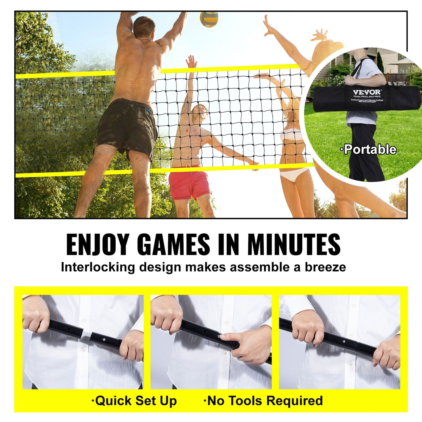 Bärbart volleybollnätssystem för utomhusbruk, justerbara stålstänger, professionellt volleybollset med PVC-volleyboll, pump, bärväska, kraftigt volleybollnät för trädgård, strand, gräsmatta