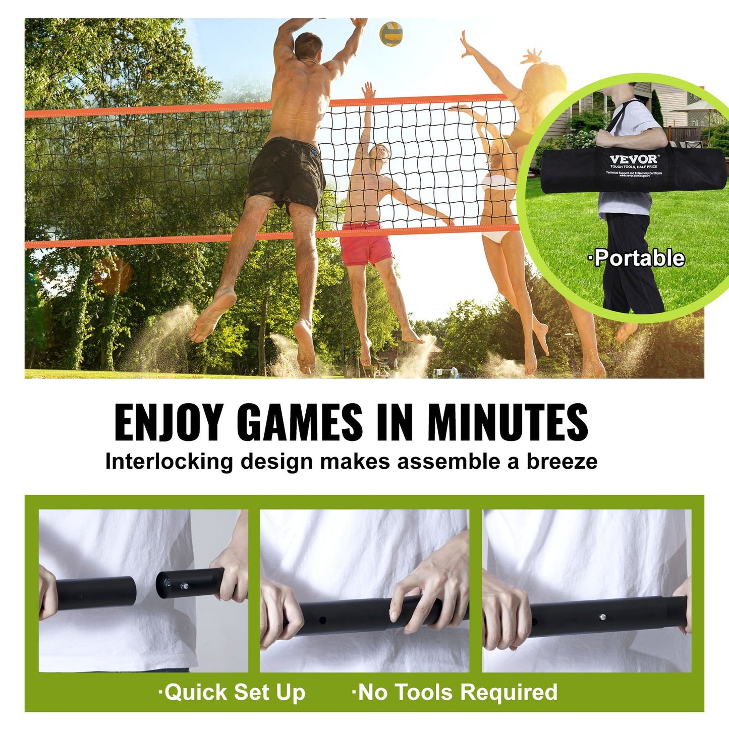 Bärbart volleybollnätsystem för utomhusbruk, justerbara aluminiumstänger, professionellt volleybollset med PVC-volleyboll, pump, bärväska, kraftigt volleybollnät för trädgård, strand, gräsmatta
