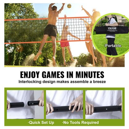 Bärbart volleybollnätsystem för utomhusbruk, justerbara aluminiumstänger, professionellt volleybollset med PVC-volleyboll, pump, bärväska, kraftigt volleybollnät för trädgård, strand, gräsmatta