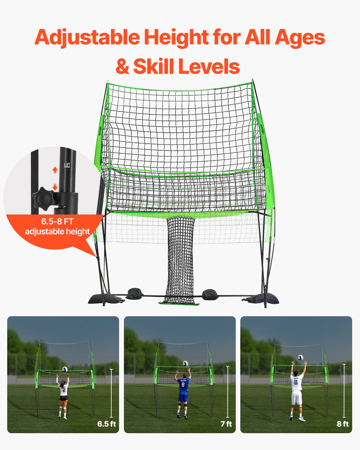 Volleybollträningsnätsystem, fritt höjdjusterbar träningsutrustning med bollretur, 8x11ft bärbar nätstation, enkel installation för bakgård inomhus utomhus servspikning förbättrar noggrannheten