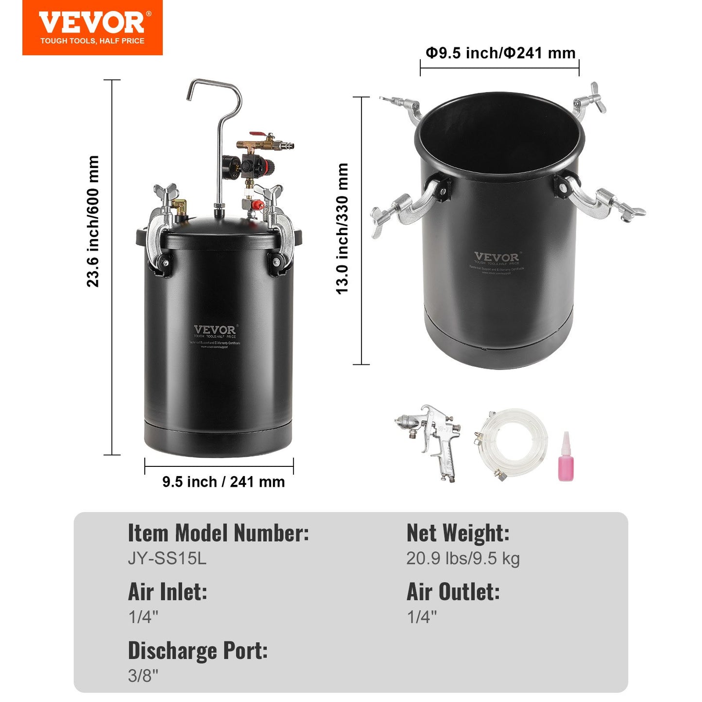 Tryckbehållare för sprayfärg, 15 l/3,75 gallon tryckbehållare, 60 psi justerbart tryck, tryckbehållare i stål med sprutpistol, slangar, tryckmätare, för heminredning och industrimålning