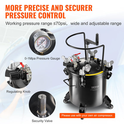 Tryckbehållare för sprayfärg, 20 l/5 gallon tryckbehållare, 70 psi justerbart tryck, tryckbehållare i stål med hjul och läckagereparationsmedel, för heminredning och industrimålning