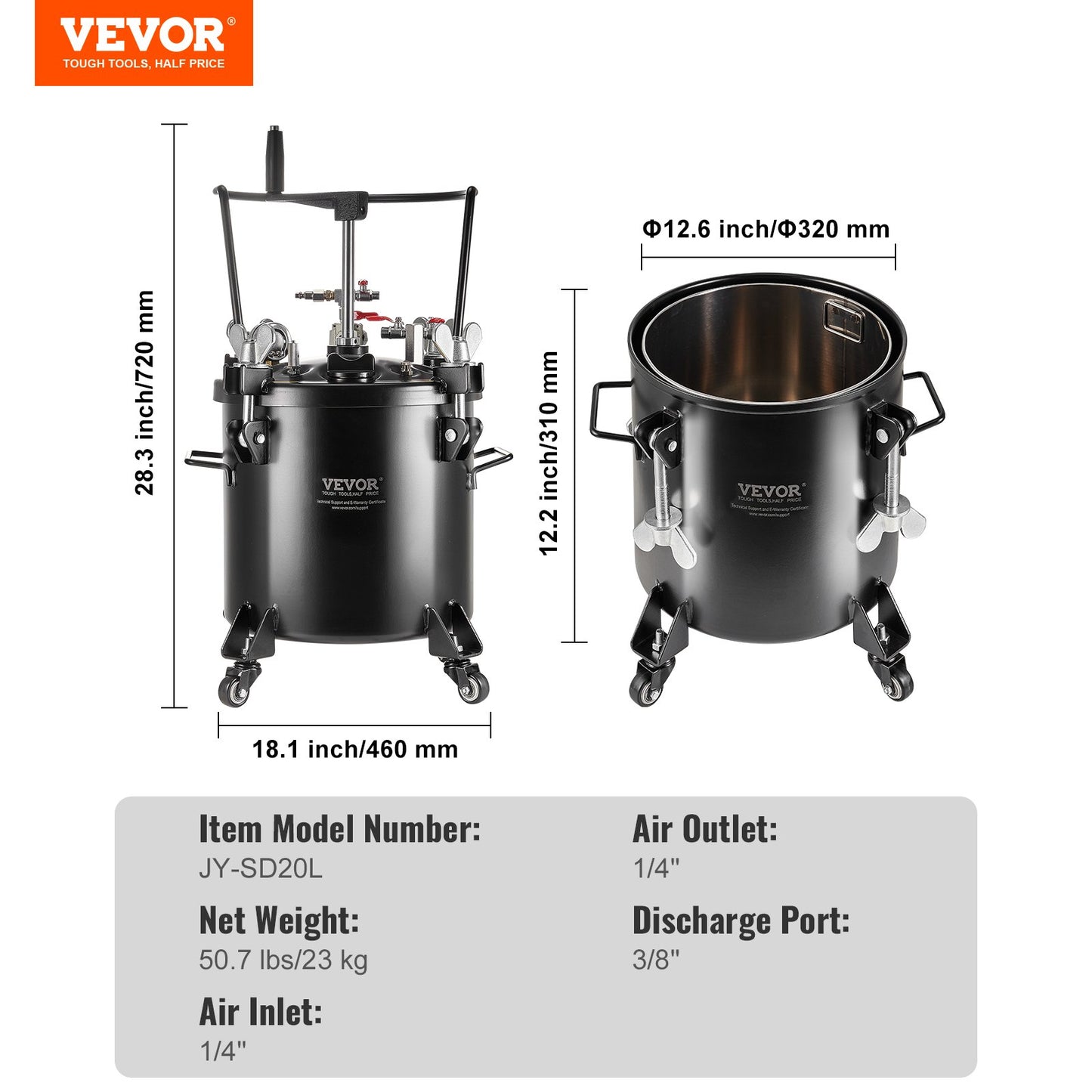 Tryckbehållare för sprayfärg, 20 l/5 gallon tryckbehållare, 70 psi justerbart tryck, tryckbehållare i stål med hjul och läckagereparationsmedel, för heminredning och industrimålning