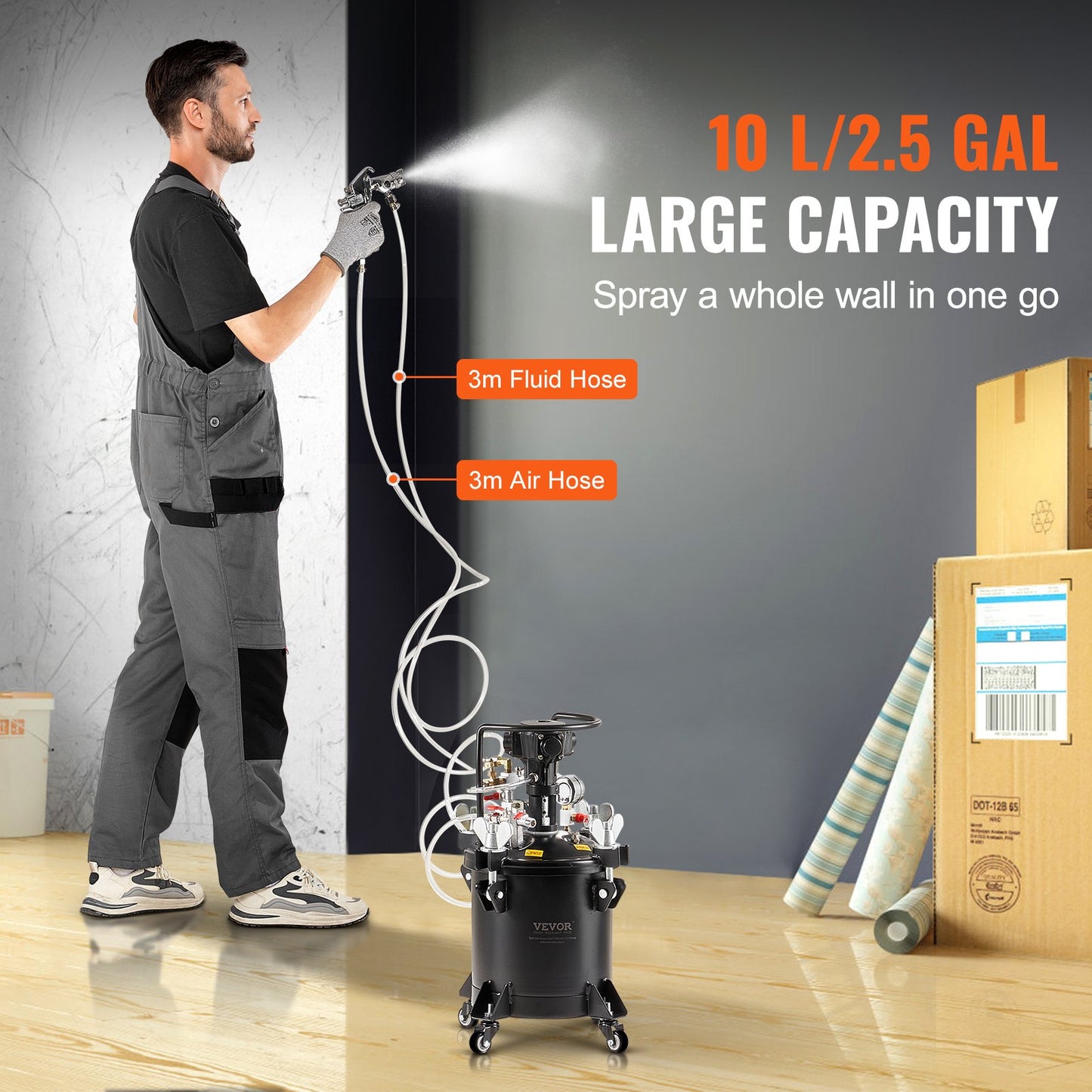 Tryckbehållare för sprayfärg, 10 l/2,5 gal helautomatisk omrörningstank, 70 psi justerbart tryck, tryckbehållare för färg med sprutpistol och slangar, för målning inom heminredning och industri