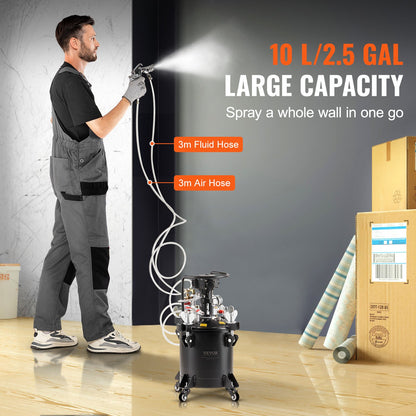 Tryckbehållare för sprayfärg, 10 l/2,5 gal helautomatisk omrörningstank, 70 psi justerbart tryck, tryckbehållare för färg med sprutpistol och slangar, för målning inom heminredning och industri