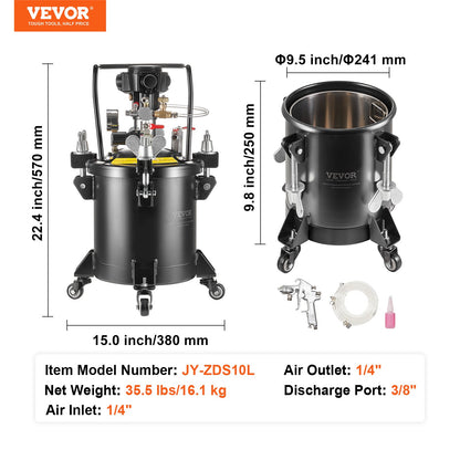 Tryckbehållare för sprayfärg, 10 l/2,5 gal helautomatisk omrörningstank, 70 psi justerbart tryck, tryckbehållare för färg med sprutpistol och slangar, för målning inom heminredning och industri
