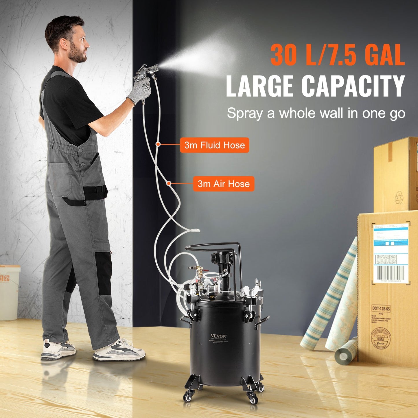 Tryckbehållare för sprayfärg, 30 l/7,5 gal helautomatisk omrörningstank, 70 psi justerbart tryck, tryckbehållare för färg med sprutpistol och slangar, för målning inom heminredning och industri