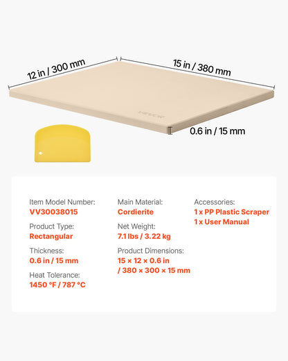 Pizzasten, 38 x 30 cm rektangulär pizzasten i kordierit, extra stor baksten med skrapa, 15 mm tjock värmebeständig kordierit, för köksugn, bakning av bröd och pizzor, grillning