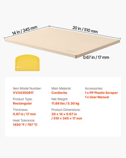 Pizzasten, 508 x 355 mm rektangulär pizzasten i kordierit, extra stor baksten med PP-skrapa, 17 mm tjock värmebeständig kordierit, för ugn, brödbakning och pizzor, grillning