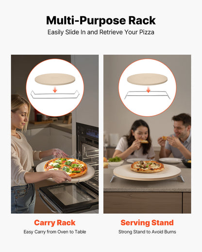 Pizzasten, 406 mm rund pizzasten i kordierit, extra stor baksten med hållbart stativ, 17 mm tjocklek, värmebeständig matlagningskordierit, för köksugn, pizzbakning, grillning