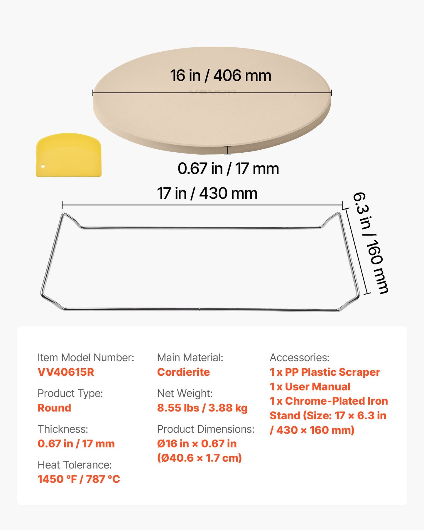 Pizzasten, 406 mm rund pizzasten i kordierit, extra stor baksten med hållbart stativ, 17 mm tjocklek, värmebeständig matlagningskordierit, för köksugn, pizzbakning, grillning