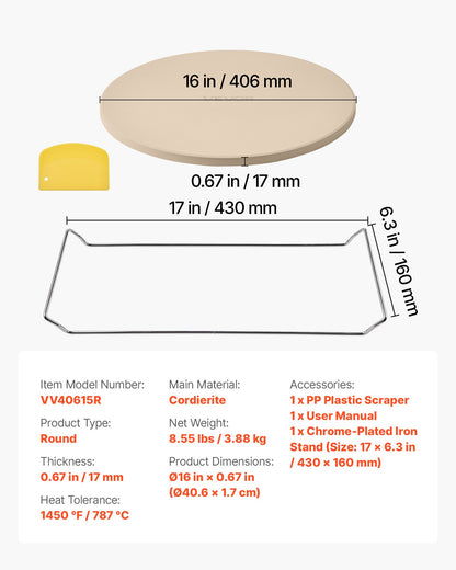 Pizzasten, 406 mm rund pizzasten i kordierit, extra stor baksten med hållbart stativ, 17 mm tjocklek, värmebeständig matlagningskordierit, för köksugn, pizzbakning, grillning