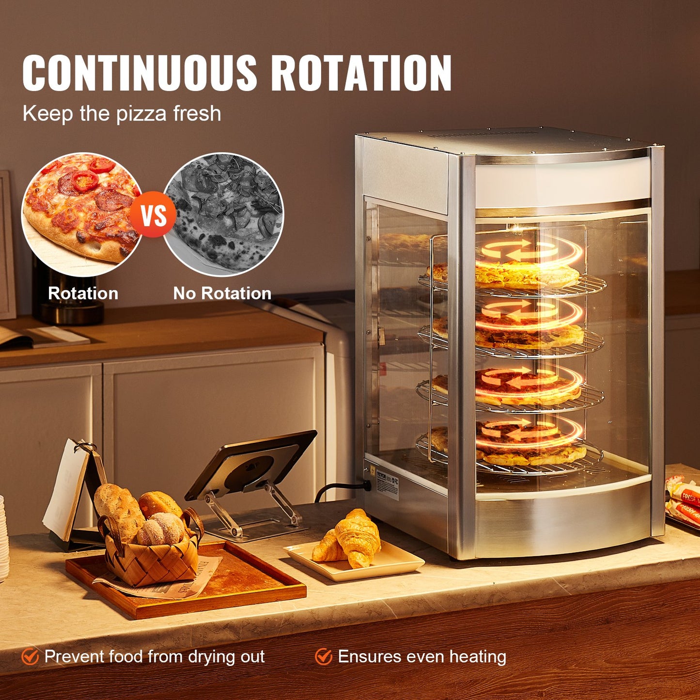 Kommersiell matvärmardisplay för 14" pizza, pizzavärmare i 4 nivåer med roterande ångvärme, 30℃~85℃ temperaturkontroll och temperaturdisplay, 25W ugnsbelysning + LED-display för pizzeria, restaurang