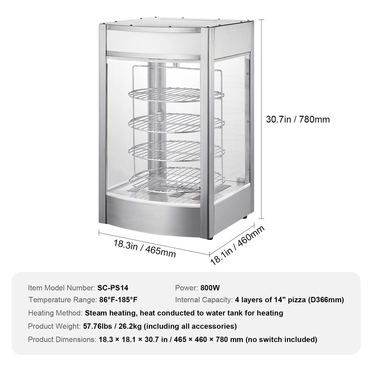 Kommersiell matvärmardisplay för 14" pizza, pizzavärmare i 4 nivåer med roterande ångvärme, 30℃~85℃ temperaturkontroll och temperaturdisplay, 25W ugnsbelysning + LED-display för pizzeria, restaurang