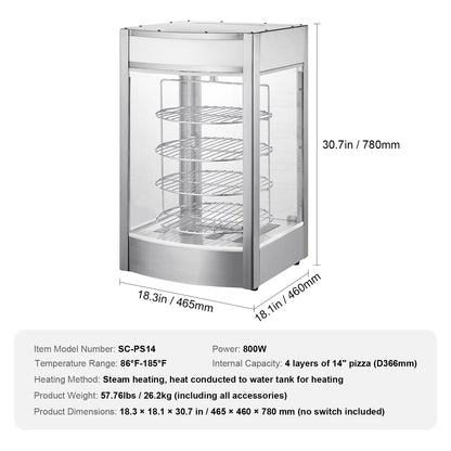 Kommersiell matvärmardisplay för 14" pizza, pizzavärmare i 4 nivåer med roterande ångvärme, 30℃~85℃ temperaturkontroll och temperaturdisplay, 25W ugnsbelysning + LED-display för pizzeria, restaurang