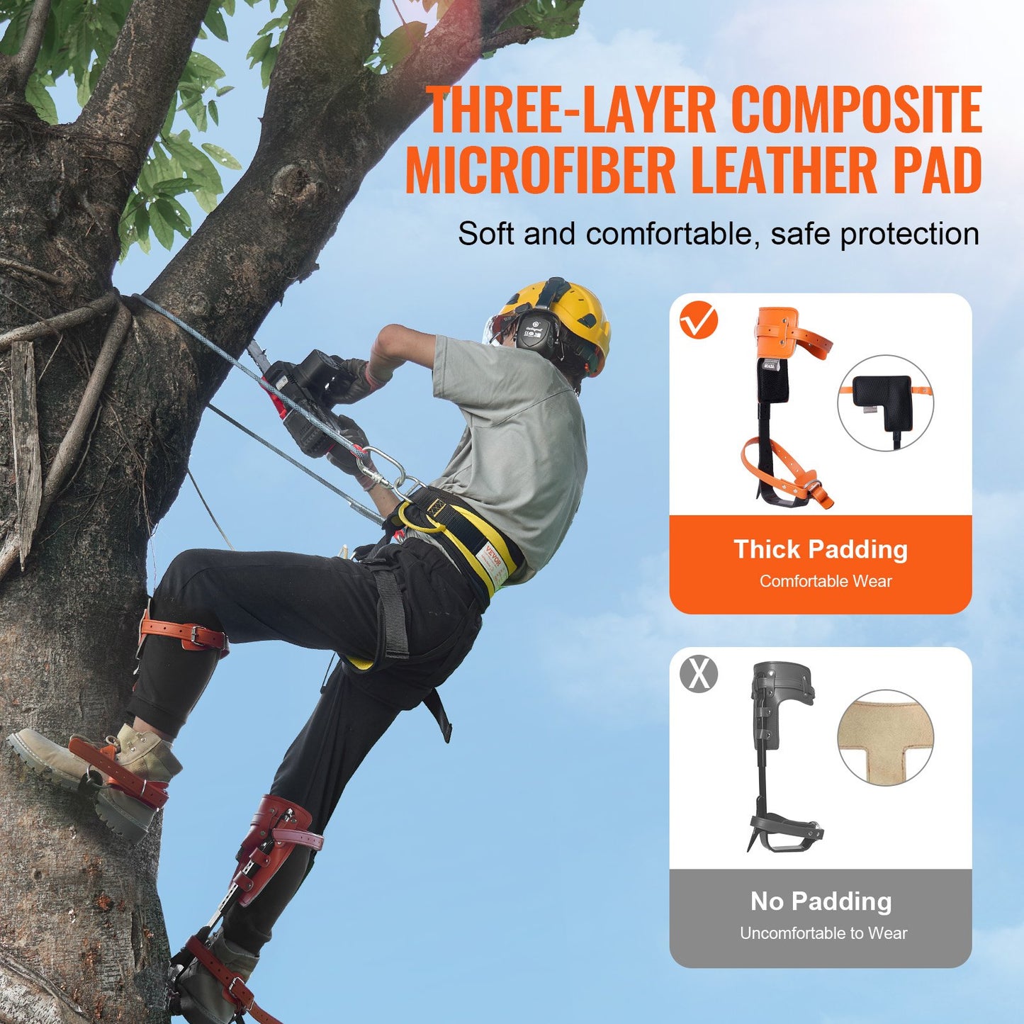 Tree Climbing Spikes, 1 Pair Alloy Steel Climbing Spurs, 350lbs Load Capacity Tree Climbing Gear with Straps and Spike Protectors, Arborist Equipment for Climbers, Hunting, Fruit Picking, Orange