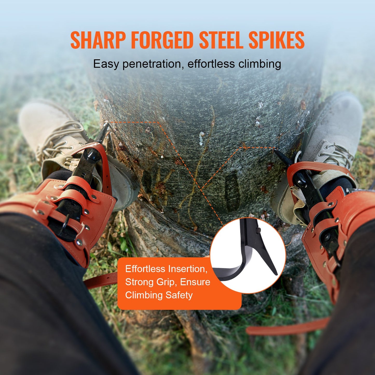Tree Climbing Spikes, 1 Pair Alloy Steel Climbing Spurs, 350lbs Load Capacity Tree Climbing Gear with Straps and Spike Protectors, Arborist Equipment for Climbers, Hunting, Fruit Picking, Orange