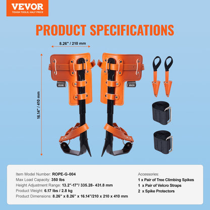 Tree Climbing Spikes, 1 Pair Alloy Steel Climbing Spurs, 350lbs Load Capacity Tree Climbing Gear with Straps and Spike Protectors, Arborist Equipment for Climbers, Hunting, Fruit Picking, Orange