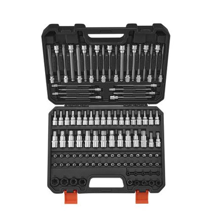 Bitshylsnyckelsats, 107 delar SAE och metrisk, sexkant/Torx/utvändig Torx/manipulationssäker/extra lång, S2-legerat stål och Cr-V-stål, 1/4 tum, 3/8 tum och 1/2 tums fatningar, med förbättrad förvaringsväska, för handbruk