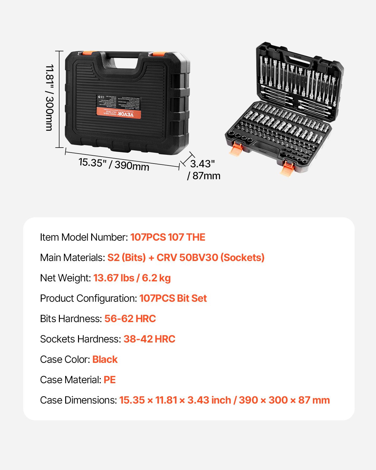 Bitshylsnyckelsats, 107 delar SAE och metrisk, sexkant/Torx/utvändig Torx/manipulationssäker/extra lång, S2-legerat stål och Cr-V-stål, 1/4 tum, 3/8 tum och 1/2 tums fatningar, med förbättrad förvaringsväska, för handbruk