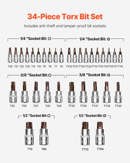 Torx-bitshylssats, 34-delars solid stjärn- och manipulationssäker T6-T70, S2-legerat stål och Cr-V-stål, 1/4-tums, 3/8-tums och 1/2-tums fatningar, med förbättrad förvaringsväska, Torx-hylsor för handbruk