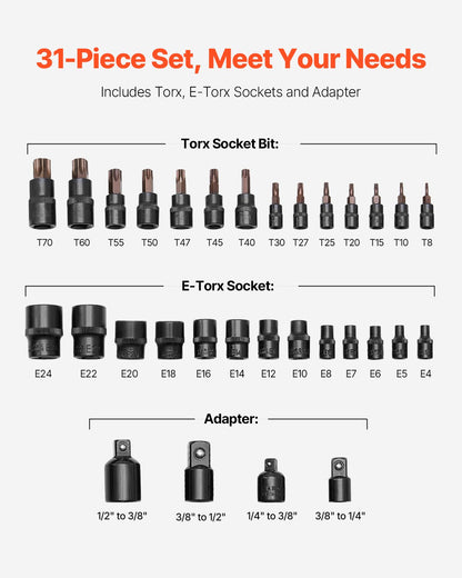 Torx-bitshylssats och utvändig Torx-hylsnyckelsats, 31-delars T8-T70 och E4-E24, S2-legerat stål och Cr-V-stål, 1/4 tum, 3/8 tum och 1/2 tums fattningar, med adapter och förbättrad förvaringsväska, för fordonsindustrin