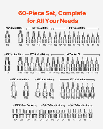 Torx-bitshylssats och utvändig Torx-hylsnyckelsats, 60-delars T6-T70, TT6-TT70, TP8-TP60, E4-E24, S2-legerat stål och Cr-V-stål, 1/4-tums, 3/8-tums och 1/2-tums fatningar, med förbättrad förvaringsväska, för handbruk
