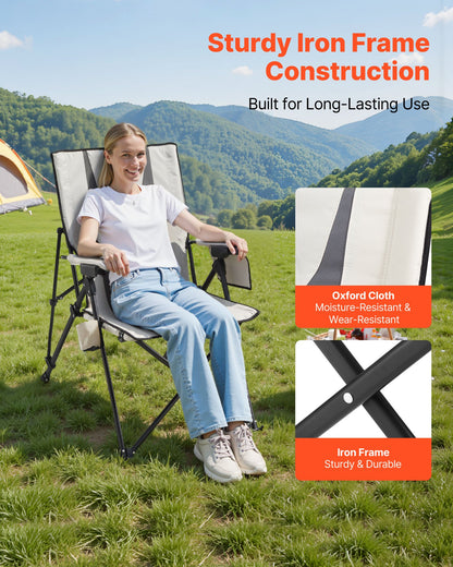 Hopfällbar campingstol, 3 vilpositioner, utomhus campingstol med hög rygg, 110 kg viktkapacitet, helt stoppade strandstolar med armstöd och nackstöd, bärbara trädgårdsstolar för sportresor