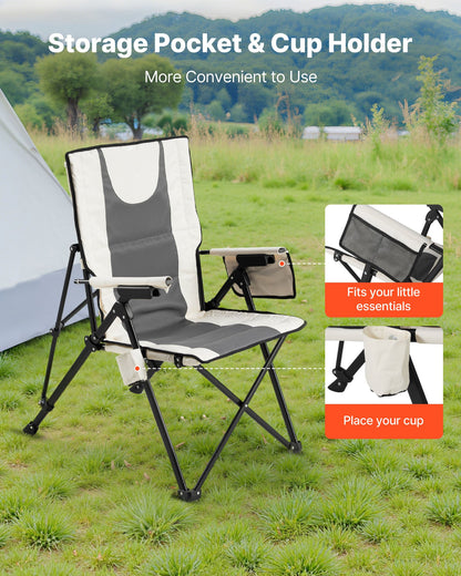 Hopfällbar campingstol, 3 vilpositioner, utomhus campingstol med hög rygg, 110 kg viktkapacitet, helt stoppade strandstolar med armstöd och nackstöd, bärbara trädgårdsstolar för sportresor